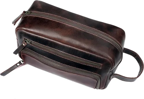 Vista 7 de Neceser de cuero para mujer, bolsa de cosméticos, kit Dopp, marrón oscuro, 10 x 4 x 5.5 pulgadas, vintage prémium