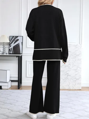 Vista 4 de SuperPrity Conjunto de 2 piezas de suéter para mujer, con cuello de muesca, manga larga, suéter de punto y pierna ancha