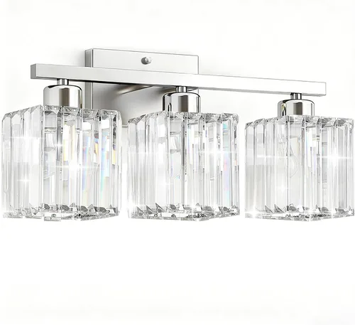 Vista 8 de GOLSPARK Crystal Bathroom Vanity Light, Brushed Nickel, 3 Light, Square Modern Bathroom Light Fixtures, Vanity Lighting Over Mirror, Wall Sconce