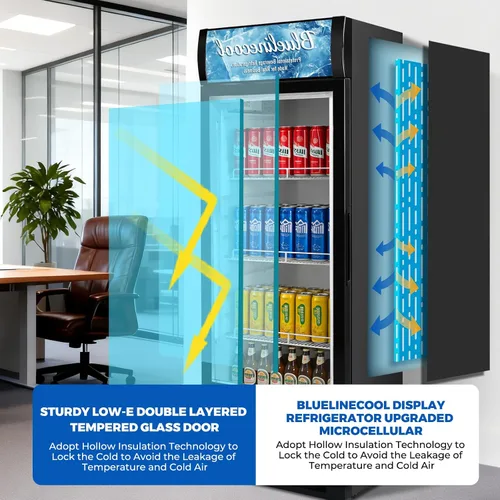 Vista 6 de Refrigeradores comerciales Bluelinecool 9 pies cúbicos verticales para exhibición, enfriador de bebidas con puerta de vidrio y luz LED, estantes
