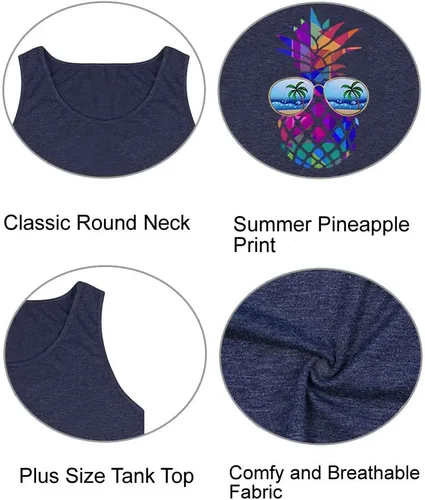 Vista 4 de Camiseta sin mangas con estampado de piña hawaiana para mujer, talla grande, con estampado gráfico hawaiano, camiseta sin mangas para vacaciones