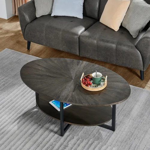 Vista 4 de Mesa auxiliar ovalada de madera con estante de almacenamiento, mesa de 2 niveles, negro y marrón Negro marrón-43.3 pulgadas