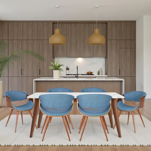 Vista 20 de Armen Living Silla de comedor de mariposa estilo mediados de siglo en acabado de nogal y tela azul - Juego de 4
