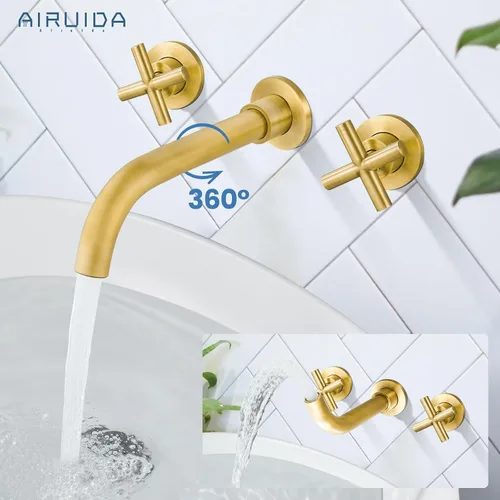 Vista 2 de Airuida Grifo de baño de latón macizo con boquilla giratoria 360, grifo mezclador de lavabo con válvula áspera y asas cruzadas dobles de latón Latón