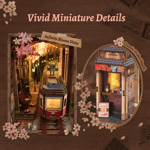 Vista 4 de FUNPOLA Kit de rincón de lectura del tren Sakura – Rompecabezas de madera 3D con LED y espejo infinito – Decoración de estantería DIY, manualidad