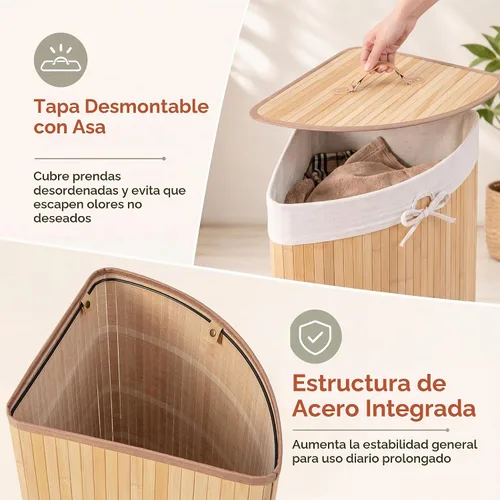 Vista 4 de GOFLAME Cesta esquinera de bambú para la ropa sucia con tapa y forro extraíble, cesta de almacenamiento con asa, adecuada para dormitorio, baño