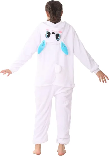 Vista 7 de WOYASIM Disfraz de conejo de franela para niños, disfraz de animal para niñas y niños, Halloween, conejo de Pascua