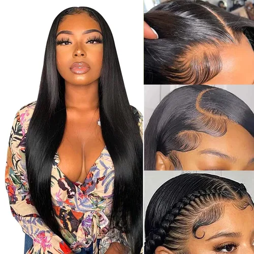 Vista 8 de Peluca de cabello humano brasileño lacio con encaje frontal de 13 x 4 pulgadas, transparente HD, prearrancada con abuelitos (26 pulgadas)