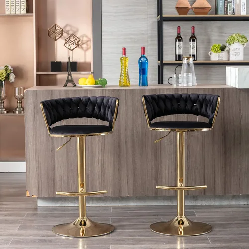 Vista 6 de Juego de 2 taburetes de bar tejidos de terciopelo, taburetes de cocina de altura ajustable, silla de isla, sillas de bar giratorias de 360°, chasis