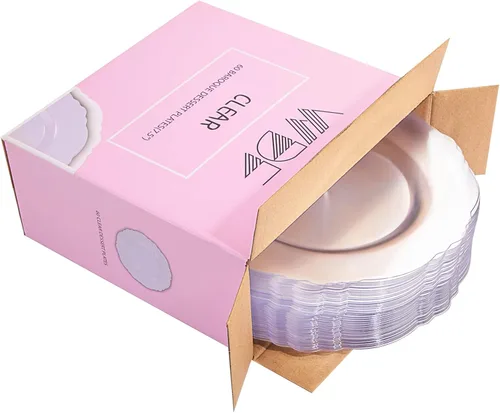Vista 9 de WDF 60 platos desechables de plástico transparente para postre, 7.5 pulgadas, pequeños, desechables, para pasteles, aperitivos, postres para bodas