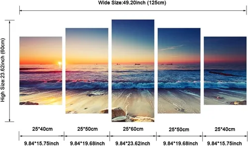 Vista 6 de Pyradecor paisaje de mar moderno en 5 paneles HD, impresiones en lienzo, foto del mar y la playa de gran tamaño, obra de arte en lienzo de pared