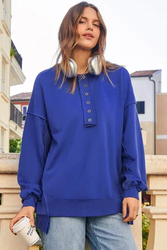Vista 18 de AlvaQ - Sudadera de gran tamaño para mujer, informal, de manga larga, con botones y cuello Henley, tipo túnica