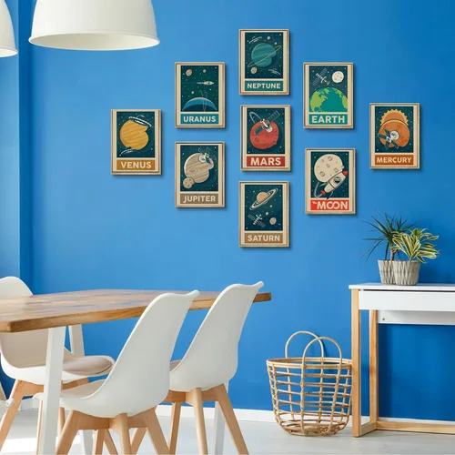 Vista 2 de 9 piezas de arte de pared retro del sistema solar para cuarto de niños, imágenes espaciales retroespaciales, galaxia, decoración de pared, pinturas