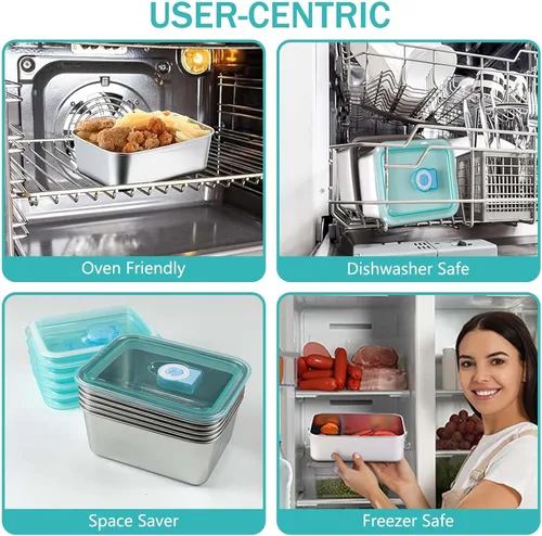 Vista 4 de 6 recipientes de alimentos de acero inoxidable 304 con tapas, apilables, contenedores para aperitivos para oficina y hogar
