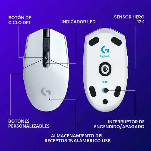 Vista 6 de Logitech G 305 Lightspeed - Mouse inalámbrico para juegos, sensor de héroe, 12,000 DPI, ligero, 6 botones programables, batería de 250 horas, Blanco