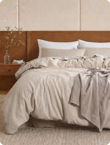 Vista 43 de Bedsure Funda de edredón de 100% algodón tamaño individual, tejido gofre, color blanco coco, GentleSoft y transpirable, juego de cama para regalo, 2