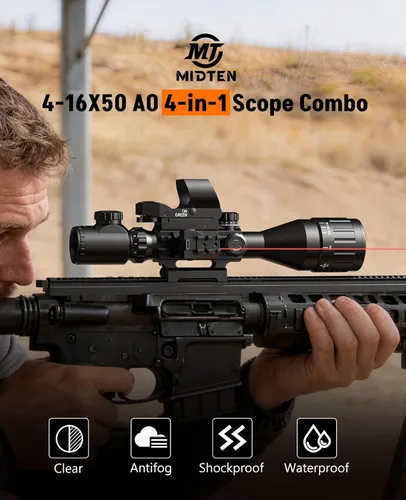 Vista 7 de MidTen Combo de alcance AO 4-16x50 con mira láser dual verde/roja, combo 5 en 1 con alcance óptico iluminado dual y mira holográfica de 4 retículas