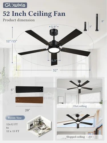 Vista 6 de 52 Inch Ceiling Fan with Lights,APP&Remote Control,DC Motor Black