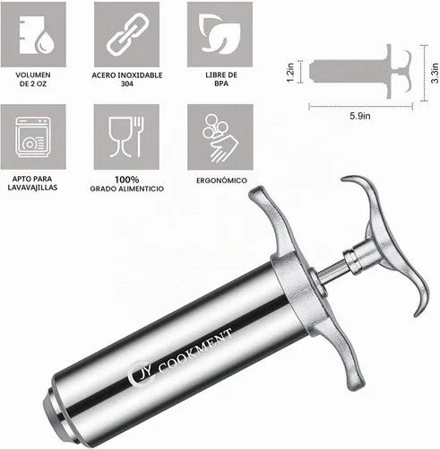 Vista 4 de JY COOKMENT Jeringa inyectora de carne 2-oz Barril sabor adobo de acero inoxidable 304 con 3 agujas profesionales 2 cepillos de limpieza y 4 anillos