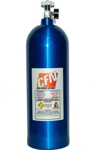 Vista 2 de Botella de 5 libras Cold Fusion Nitrous Botella de óxido nitroso con válvula de alto flujo, manómetro y conexión de descarga 8AN con tapa