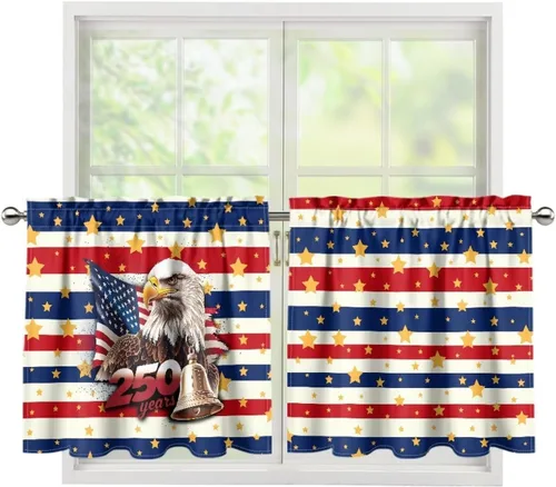 Vista 64 de God Bssing You Tier Curtains for July 4Th 2026 27.5x24 2 Panels Light Filtering Half Window Rod Pocket for Kitchen/Bathroom
