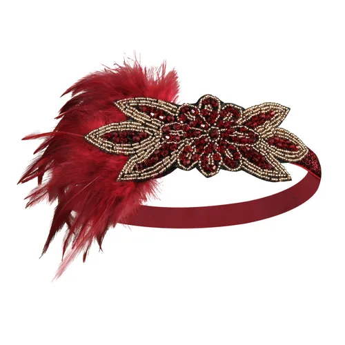 Vista 2 de SWEETV Diadema de plumas de los años 20, tocado Showgirl con lentejuelas de los años 20, accesorios para el cabello Gatsby para mujer, Borgoña