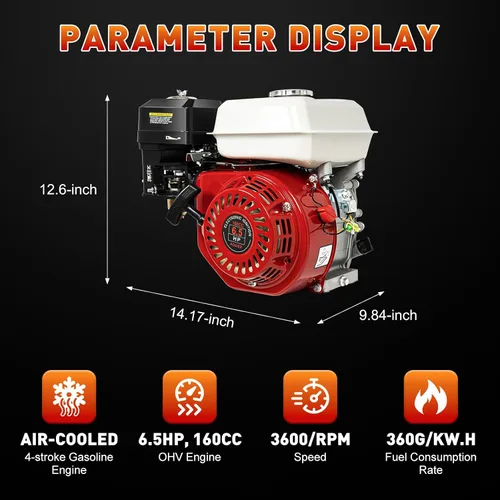 Vista 2 de Motor de gas de 6.5 HP – Motor de arranque refrigerado por aire de 160 cc de 4 tiempos, diseño OHV, velocidad de 3600 rpm para compresor