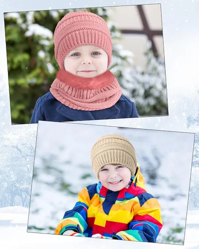Vista 7 de Geyoga Gorro de invierno para niños y niñas, gorro de punto suave y cálido, 4 bufandas