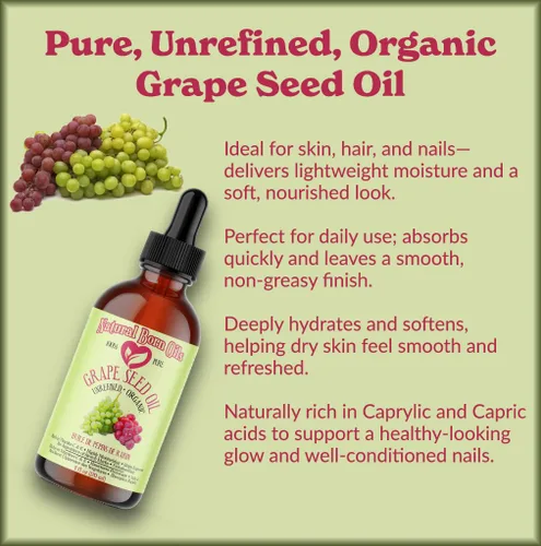 Vista 2 de Aceite de semilla de uva, 16oz, Orgánico, Prensado en frío, Denso en nutrientes, Nutrición profunda de la piel, Revitalización del cabello, Natural