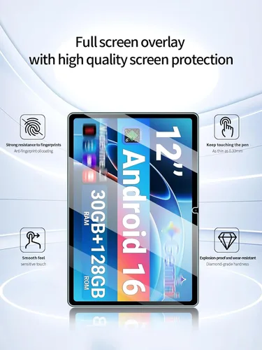Vista 2 de Protector de pantalla para tabletas ECOPAD E50 Android 15 de 12 pulgadas, dureza 9H antiarañazos, sensible al tacto, bordes redondeados 2.5D, sin