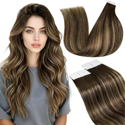 Vista 25 de LaaVoo Extensiones adhesivas de cabello humano real, color negro azabache, extensiones de cabello humano liso y sedoso, 10 pulgadas, 20