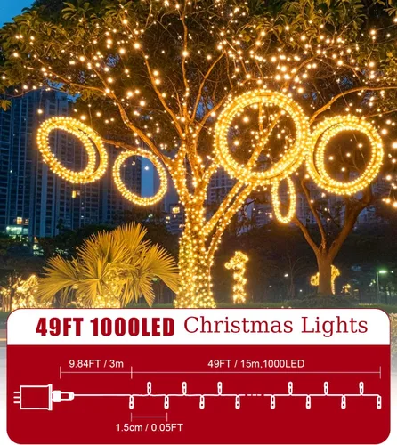 Vista 3 de Tira de luces de Navidad de 1000 LED de color blanco cálido de 49 pies para exteriores, con 8 modos, impermeable IP44, enchufable, para árbol