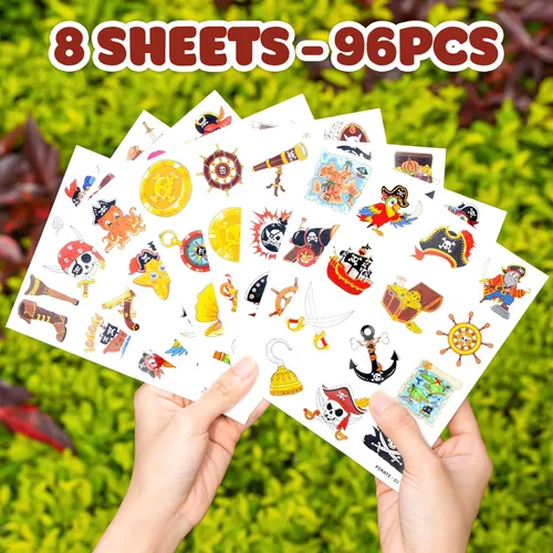 Vista 8 de 96 tatuajes temporales de barco pirata precortados para recuerdos de fiesta de niños Suministros de cumpleaños con temática náutica, decoraciones
