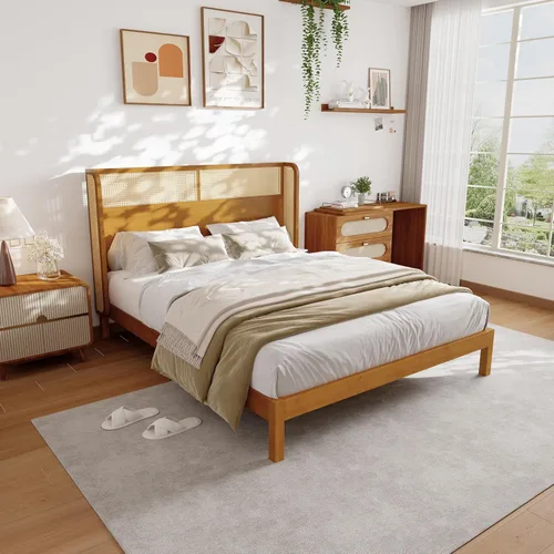 Vista 21 de JIVOIT Cama de plataforma de tamaño King con cabecera de 46.5 pulgadas de alto, marco de plataforma de madera de bambú maciza con listones de madera