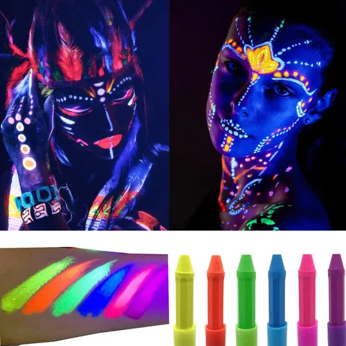 Vista 6 de Kit de pintura facial que brillan en la oscuridad, kit de pintura corporal bajo los rayos UV y la luz negra, maquillaje no tóxico para bailes