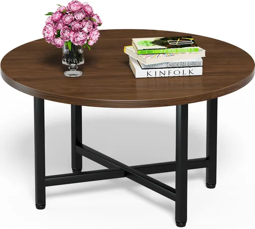 Vista 23 de Mesa de Café FAMIDGE, Mesas de Café de 23.6" para Sala de Estar, Mesa de Café Redonda con Marco de Metal, Mesa de Piso para Sentarse en el Suelo