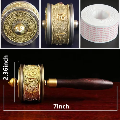 Vista 2 de Rueda de oración de mano de cobre con budista tibetano de seis caracteres de verdad de Buda de primera calidad, rueda de oración de mango de madera