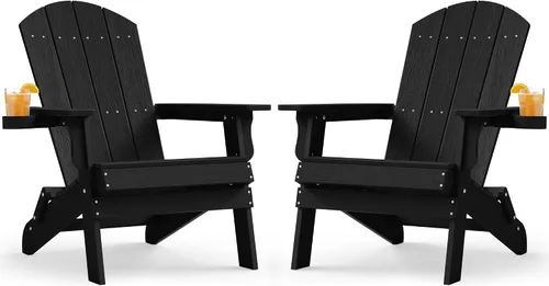 Vista 12 de YEFU Silla Adirondack, silla Adirondack de plástico de gran tamaño, sillas plegables para exteriores con soporte para tazas, silla de césped