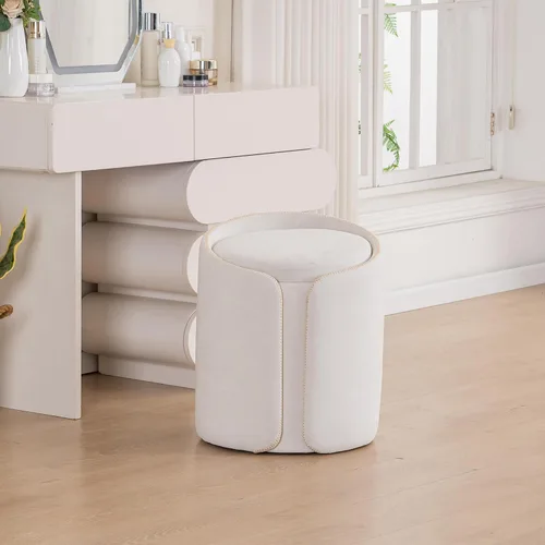 Vista 12 de Taburete Giratorio de Tocador con Base Dorada Cómoda Silla de Tocador Taburete Redondo Moderno para Tocador de Maquillaje Otomana de Tocador Beige