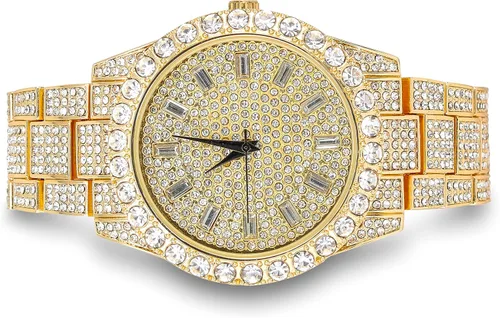 Vista 4 de Techno Pave Reloj de bisel solitario helado de 1.732 in para hombre, esfera baguette
