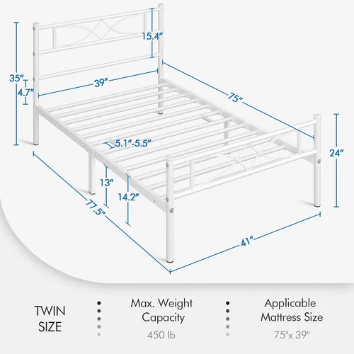Vista 11 de Yaheetech Base de cama de metal individual, base de cama con plataforma, base de colchón con cabecera y estribo de diseño curvo, soporte resistente