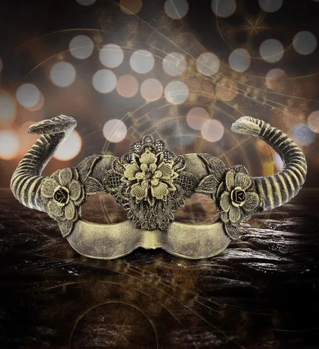 Vista 6 de Máscara de cuernos de hadas del bosque veneciano Steampunk Gold