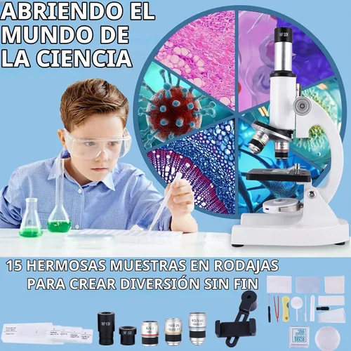 Vista 4 de Microscopio para niños y adultos, microscopio 40X-2000X con adaptador para teléfono y juego de diapositivas, adecuado para laboratorio escolar