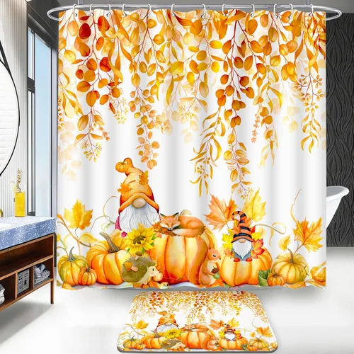 Vista 5 de Lutto Cortina de ducha de otoño para baño, juego de baño de otoño con cortina de ducha y alfombras, cortinas de ducha de calabaza de Acción