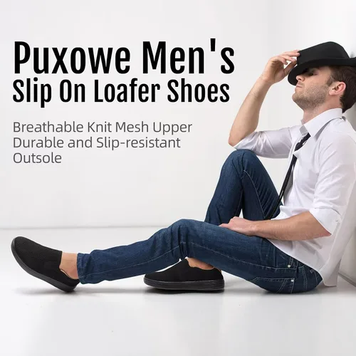 Vista 4 de Puxowe Men's Slip On Loafers, Comfy & Knit Walking Shoes with Arch Support Todo negro