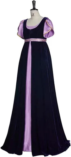 Vista 8 de Vestido medieval de fiesta de té de regencia para mujer, cintura imperio, manga pétalo, vestidos renacentistas, guantes, vestidos retro, disfraces