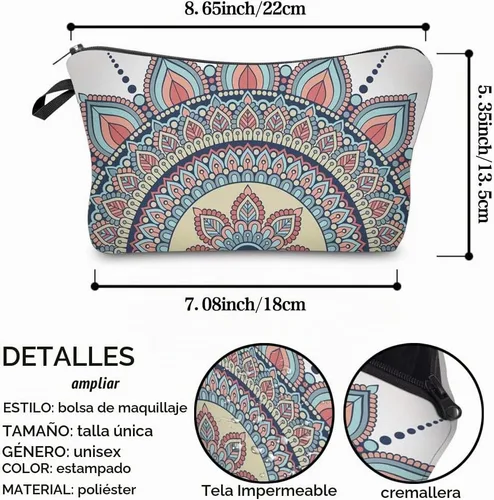 Vista 8 de Deanfun - Bolsa de maquillaje impermeable con diseño de mandala y flores, impermeable, espaciosa, cosmetiquera, bolsa de viaje ideal como regalo