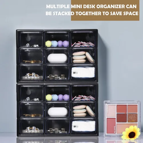 Vista 6 de Rtteri Mini organizador de cajones de plástico de 9 piezas, caja de almacenamiento de escritorio, organizador de manualidades con 9 cajones Negro