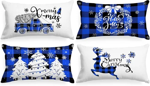 Vista 11 de Lanpn Juego de 4 fundas de almohada navideñas de 16 x 16 pulgadas, fundas decorativas de Navidad de 16 x 16 pulgadas, fundas de almohada a cuadros