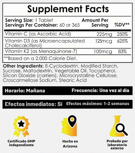 Vista 2 de Nootropics Depot Vitamina D3 + K2 con tabletas de vitamina C 365 unidades 125μg Equivalente a 5000 UI Año de suministro